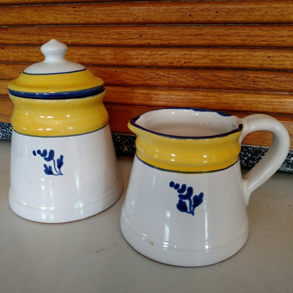 Marshall Fields Vintage Italian Pottery Cream & Sugar Set Yellow & Blue